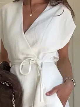 Sleeveless V-Neck Top With Belt Straight Pants Set