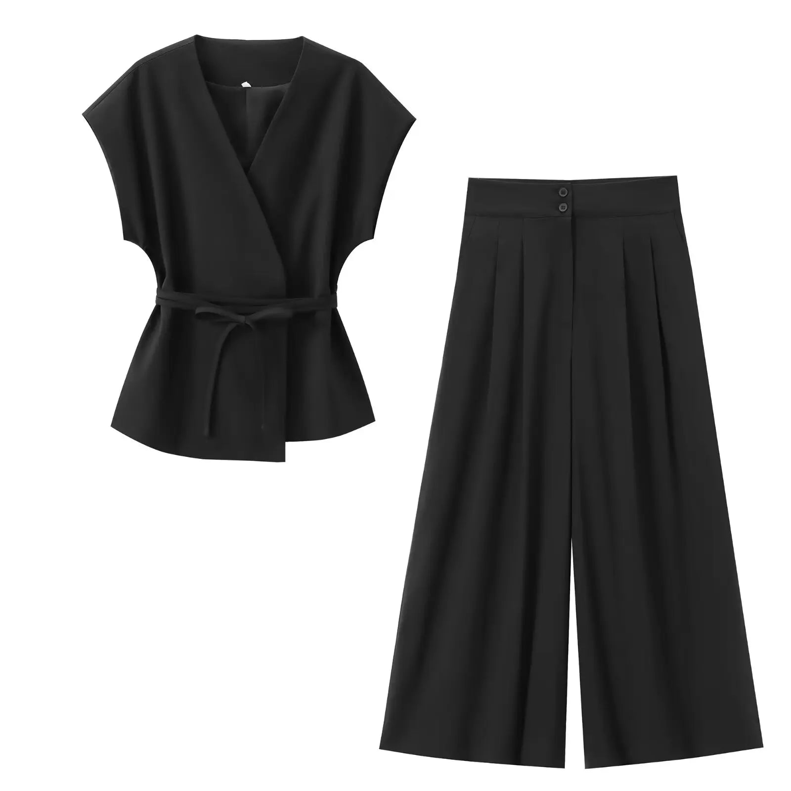 Sleeveless V-Neck Top With Belt Straight Pants Set