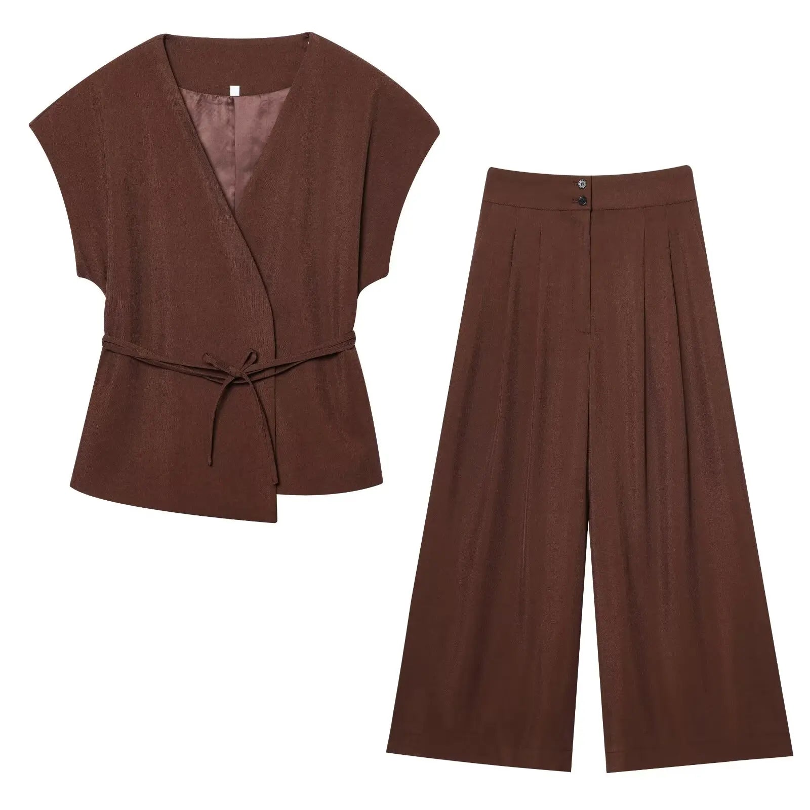 Sleeveless V-Neck Top With Belt Straight Pants Set