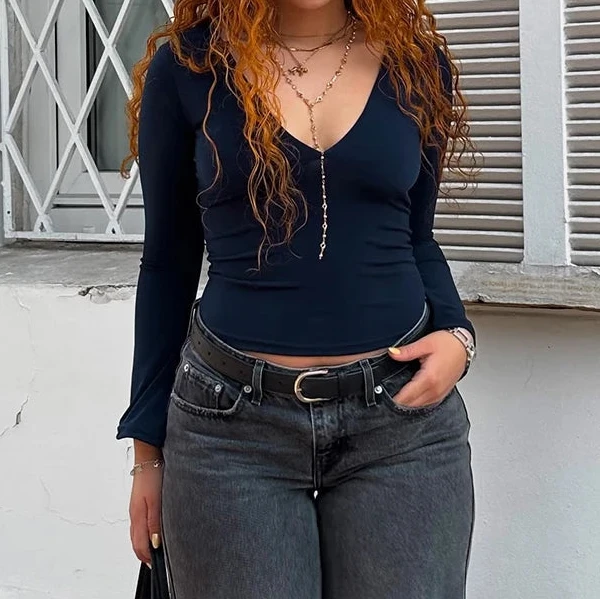 Deep V-Neck Slim-Fit Bell-Sleeve Cropped Top