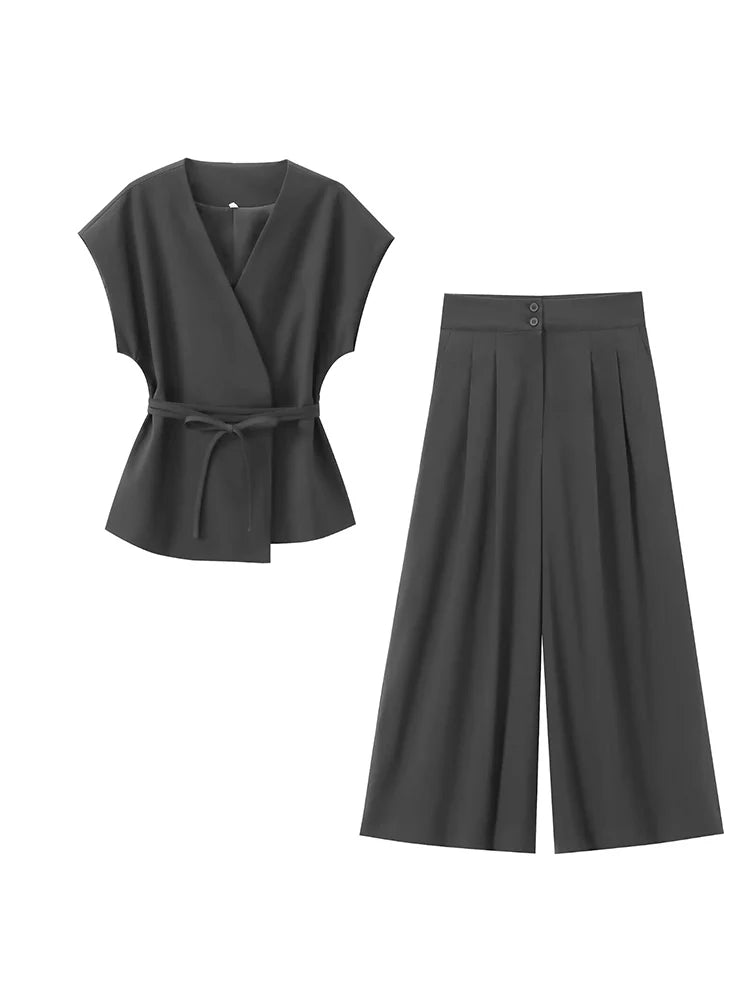 Sleeveless V-Neck Top With Belt Straight Pants Set