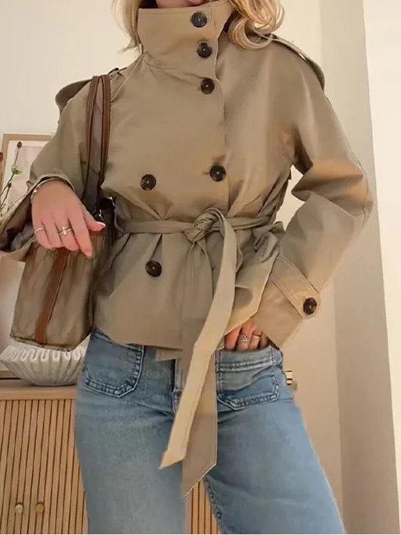 Belted Waist Cropped Trench Jacket